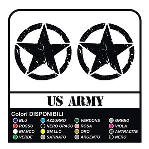 May include: Two black distressed US Army star decals with the text "US ARMY" and "Colori DISPONIBILI" below. The text lists available colors in Italian: Blu, Azzurro, Verdone, Rosso, Nero Opaco, Rosa, Bianco, Giallo, Oro, Verde, Satinato, Argento, Grigio, Viola, Antracite, Nero.