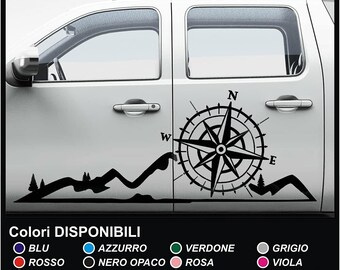 Kit of 2 compass rose camper stickers with mountain for cars, vans and vans, adhesive graphics for cars, caravans, camper vans, vans and trucks