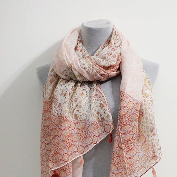 Womens Tassel Scarf, Peach Pink Paisley Print Shawl, Boho Gifts for Girlfriend, Gifts for Mom, Gifts for Sister, Gifts for Wife