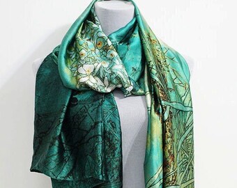 Pure Silk Scarf, Emerald Silk Scarf, Gift for Valentines, Gift for Mom, Luxury Silk Scarf, Art Silk Scarf, Scarf for Mom