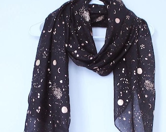 Womens Scarf Gifts, Black Galaxy Gold Foil Print Scarves Shawl, Boho Gifts for Girlfriend, Gifts for Mom, Gifts for Sister, Gifts for Wife