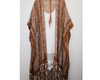 Braune Blumen Damen Kimonos, Boho Maxi Kimono Duster, Kimonos mit seitlichen Schlitzen