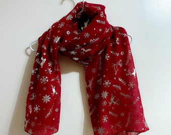 Red Scarf With Gold Foil Print Pattern Christmas Scarf Shawl Stunning Scarves Red Scarf With Gold Foil Print Pattern Christmas Scarf Shawl Stunning Scarves