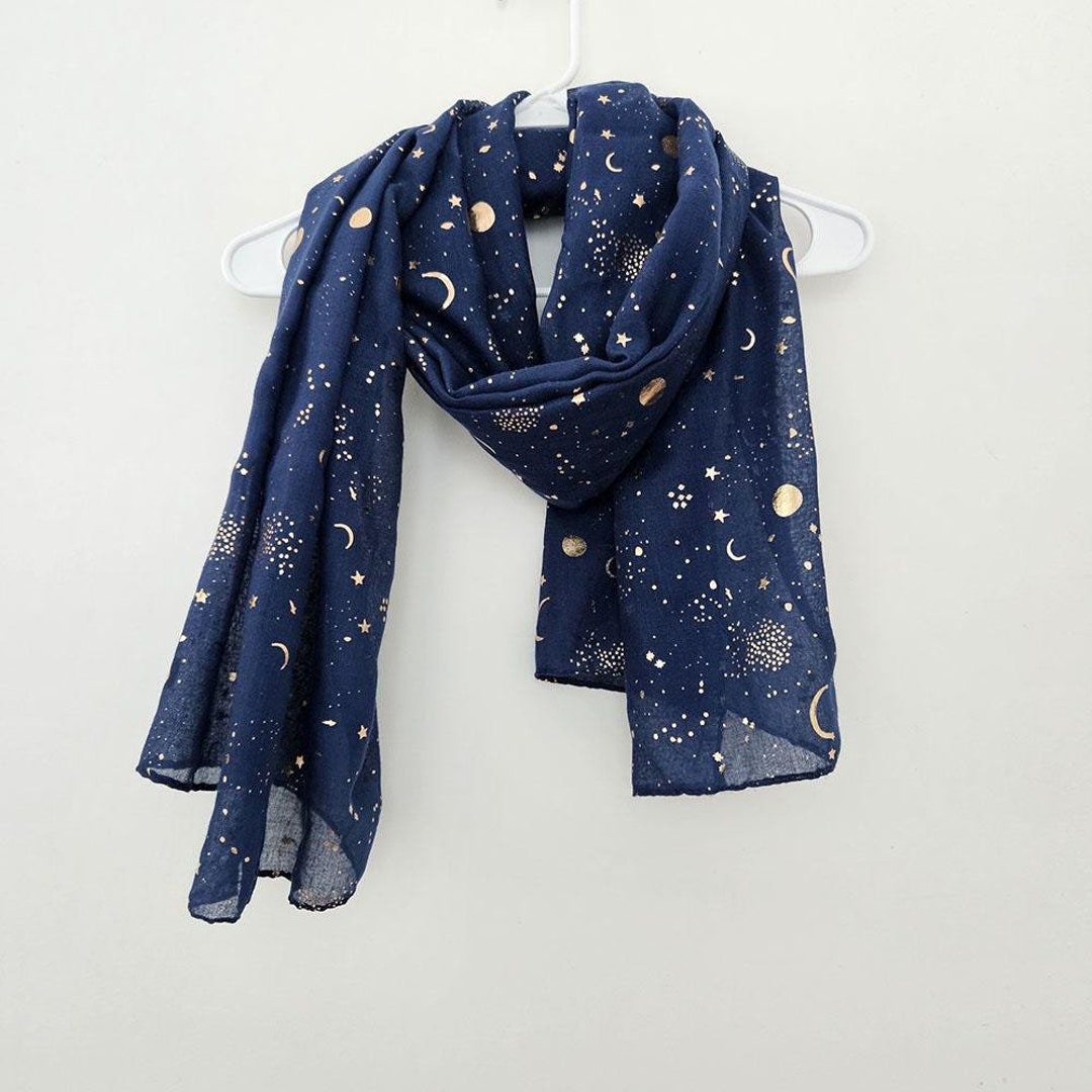 Galaxy Gold Foil Scarf Navy Blue Golden Print Scarves Soft Spring