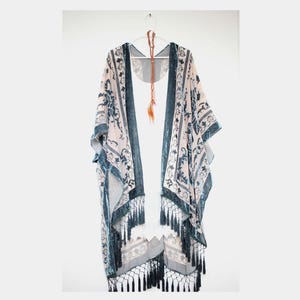 Damen Kimono, Jägergrüner Samtkimono mit Quaste, Kimonos mit seitlichen Schlitzen Teal Gray Velvet
