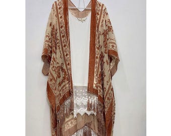 Peach Tassel Velvet Burnout Boho Kimono