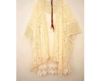 Kimonos de encaje para mujer, kimono de crochet con encaje beige marfil, kimonos con aberturas laterales