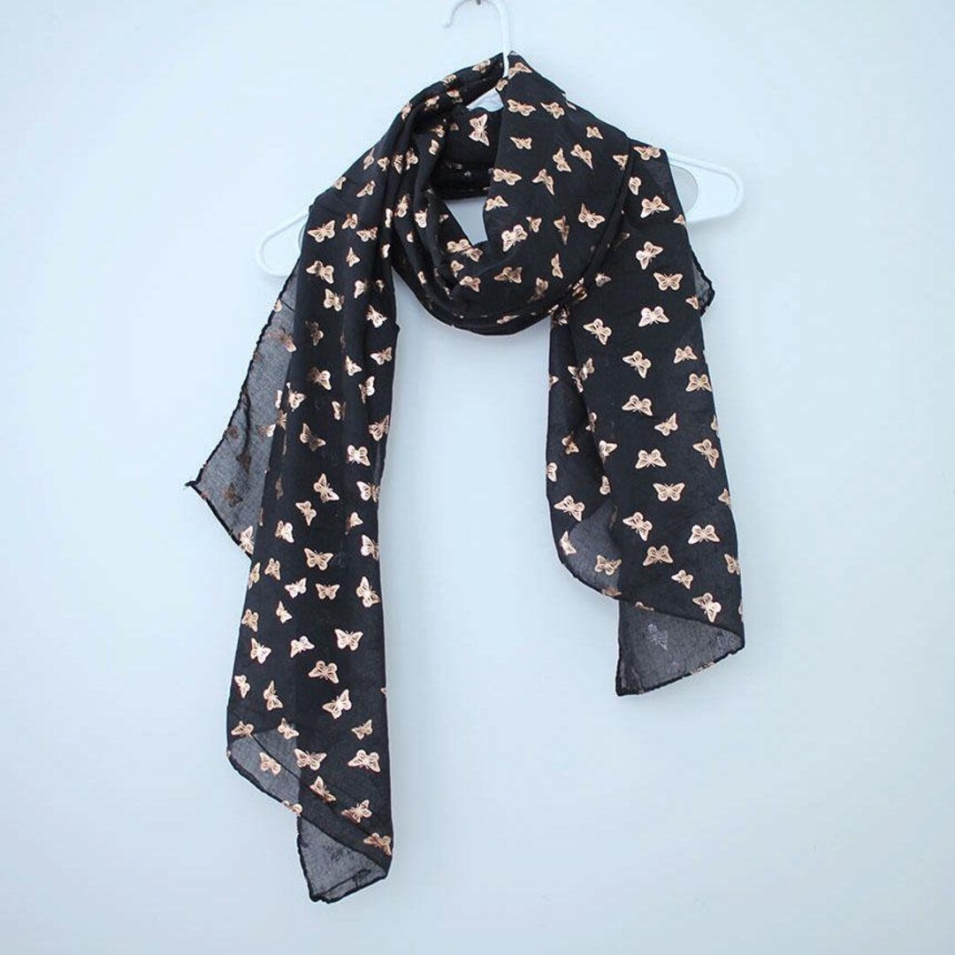 Écharpe Papillon Noir Et Doré Pour Femme - Grand Modèle 196x69 Cm - Faux Cachemire Doux - Automne/Hiver - Cadeau élégant