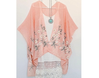 Spring Daisy Womens Kimono, pink summer spring duster, daisy flower embroidered kimonos for women