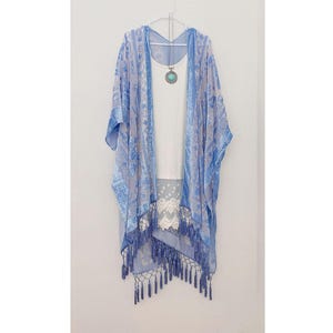 Damen Kimono, Jägergrüner Samtkimono mit Quaste, Kimonos mit seitlichen Schlitzen Blue Velvet