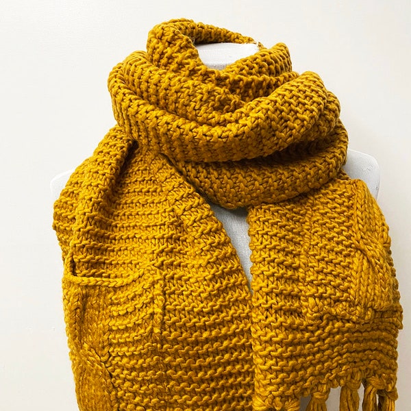Mustard Yellow Knit Long Scarf with Pockets