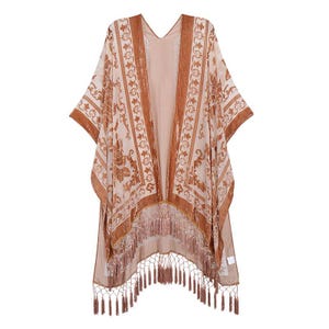Damen Kimono, Jägergrüner Samtkimono mit Quaste, Kimonos mit seitlichen Schlitzen Peach Velvet