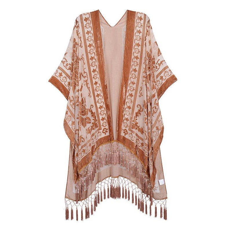 Damen Kimono, Jägergrüner Samtkimono mit Quaste, Kimonos mit seitlichen Schlitzen Peach Velvet