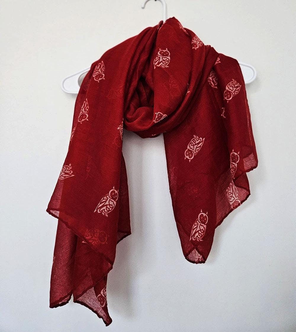 Owl Scarves Owl Print Scarf Red Scarf Shawl For Women Fall Autumn Winter Gifts