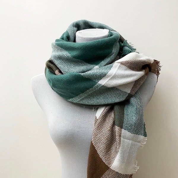 FESTIVE PLAID SCARF Winter Christmas Holiday Warm Large Blanket Soft Plaid Scarf Wrap Shawl Throw Brush Teal Green Taupe Brown Ivory White