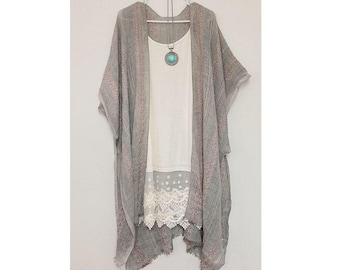 Hellgraue Damen Kimonos, einfarbige Kimono-Strickjacke, Kimonos mit seitlichen Schlitzen