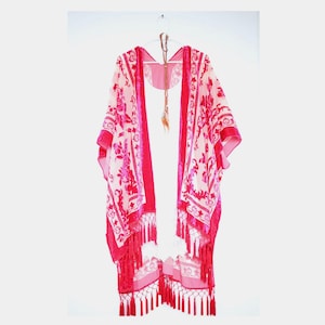 Damen Kimono, Jägergrüner Samtkimono mit Quaste, Kimonos mit seitlichen Schlitzen Red Velvet