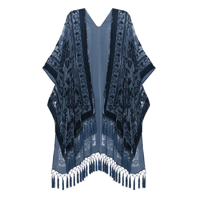 Damen Kimono, Jägergrüner Samtkimono mit Quaste, Kimonos mit seitlichen Schlitzen Gray Velvet