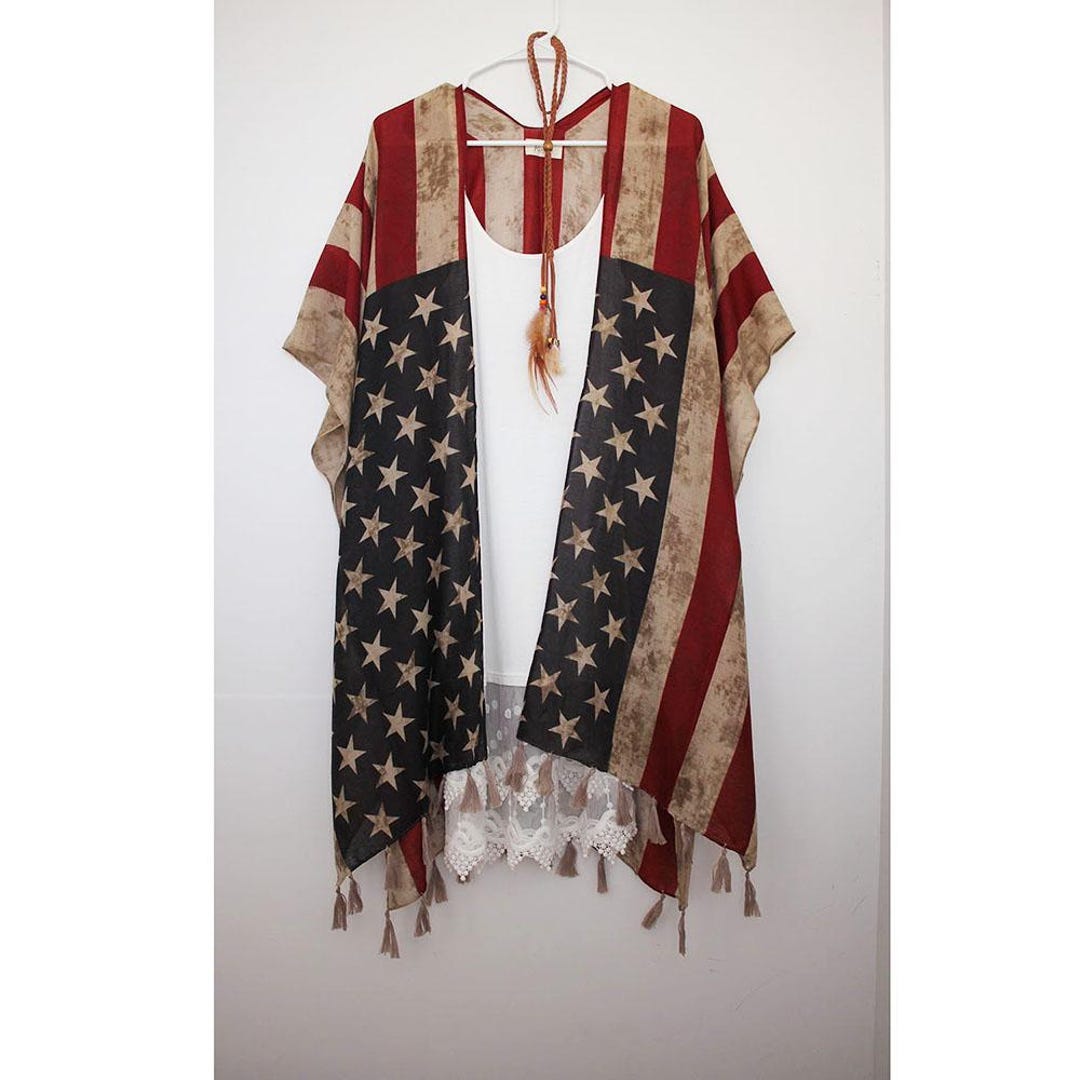 American Flag Cardigan Shawl - Stars & Stripes Kimono Wrap, Lightweight Cover-Up, One Size