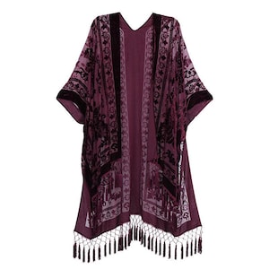Damen Kimono, Jägergrüner Samtkimono mit Quaste, Kimonos mit seitlichen Schlitzen plum Velvet