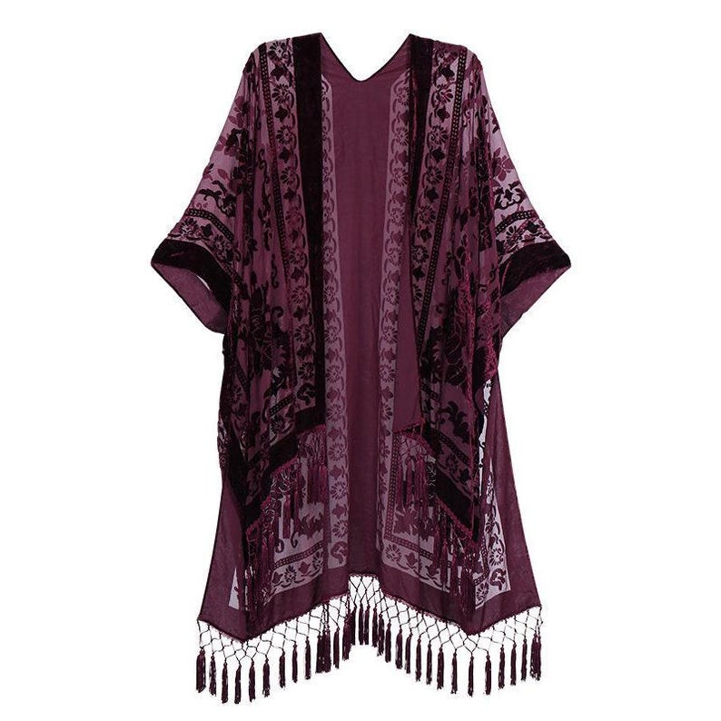 Damen Kimono, Jägergrüner Samtkimono mit Quaste, Kimonos mit seitlichen Schlitzen plum Velvet