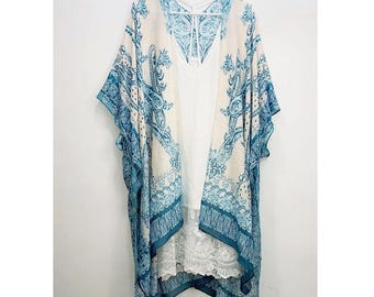 Kimono de mujer, kimono azul paisley, chaqueta de kimono, cárdigan de kimono, verde pastel, rosa y naranja