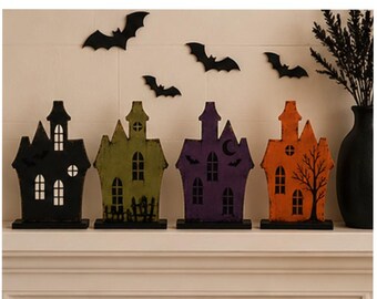 Halloween Wood Houses Shelf Sitter Haunted Village Decor