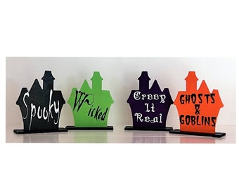 Halloween Wood House Silhouette – Spooky Phrase Shelf Sitter – Halloween Tiered Tray Decor