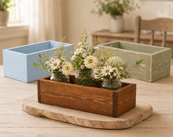 Custom Pine Wood Box Centerpiece, Farmhouse Table Organizer, Mason Jar Holder, Rustic Catchall