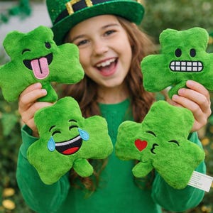 Personalized Shamrock Emoji Plush, Custom Name Lucky Charm Toy, Kids St Patricks Day Gift