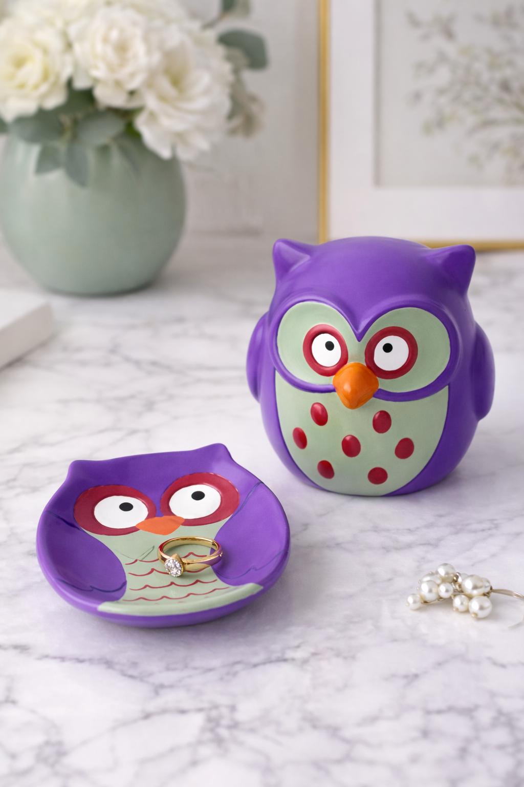 Ceramic Owl Figurine with Matching Trinket Dish – Jewelry Holder Gift for Owl Lover