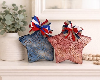 Vintage Wood Stars Decor, Red and Blue Patriotic Shelf Accent