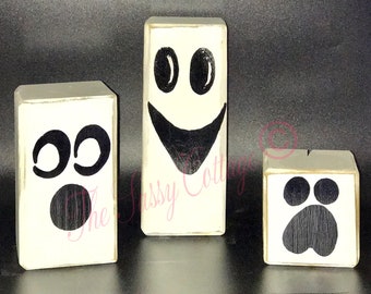 Ghost Blocks, Cute Ghost Decor, Rustic Halloween, Farmhouse Halloween, Ghost Shelf Sitter, Halloween Wood Block, Spooky Decor, Haunted House