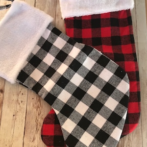Buffalo Plaid Christmas Stocking Personalized, Custom Flannel Stocking with White Cuff