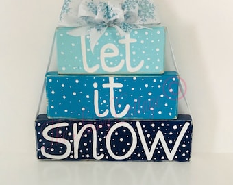 Let It Snow Block Display, Wood Christmas Shelf Decoration, Holiday Mantel Display, Christmas Decoration Gift, Rustic Christmas Decor