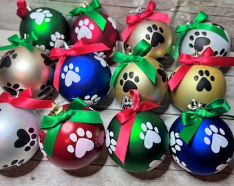 Paw Print Christmas Ornament Set, Pet Lover Holiday Decor, Set of 12 Hand-Painted Ornaments for Dogs, Cats, Ferrets & More