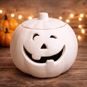 Peignez votre propre bonbonnière Jack O Lantern en céramique - Citrouille d'Halloween en biscuit avec couvercle