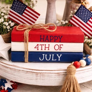Happy 4th of July Tiered Tray Decor | Patriotic Wood Block Decor | Americana Farmhouse Shelf Sitter | Rustic Fourth of July Mantel Decor
