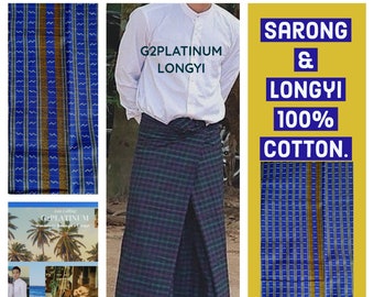 Sarong pareo longyi cotton navy blue with  gold pattern Thai clothing beach mans traditional