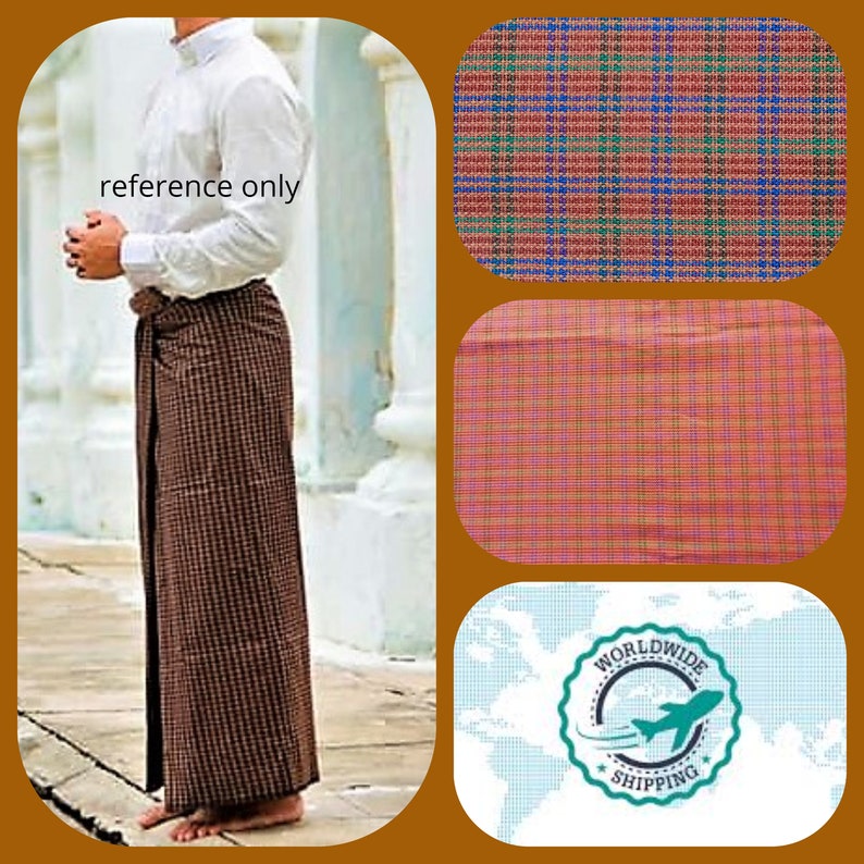 Sarong pareo longyi cotton burnt orange with fine check pattern Thai clothing beach mans traditional