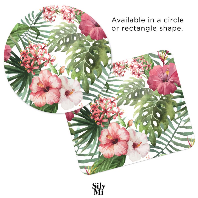 Mouse Pad Pink And Green Tropical Flowers Mousepads Desk Accessories Office Decor Circle Rectangle Floral Summer Ferns Palms Fabric Home Art