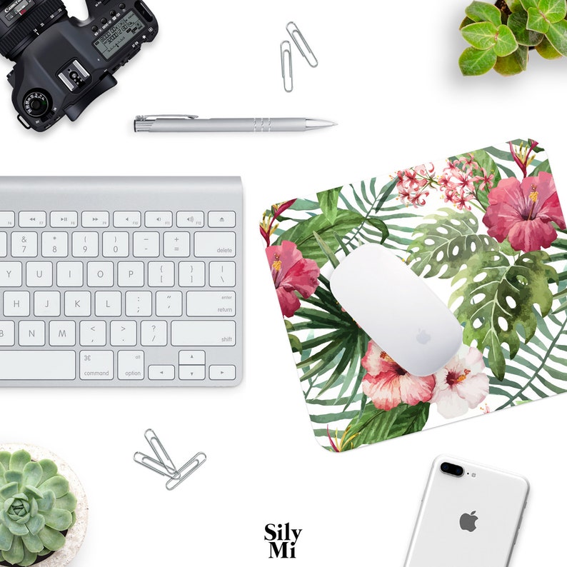 Mouse Pad Pink And Green Tropical Flowers Mousepads Desk Accessories Office Decor Circle Rectangle Floral Summer Ferns Palms Fabric Home Art