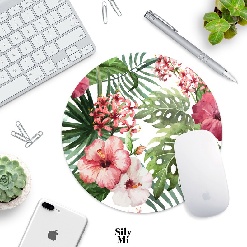 Mouse Pad Pink And Green Tropical Flowers Mousepads Desk Accessories Office Decor Circle Rectangle Floral Summer Ferns Palms Fabric Home Art