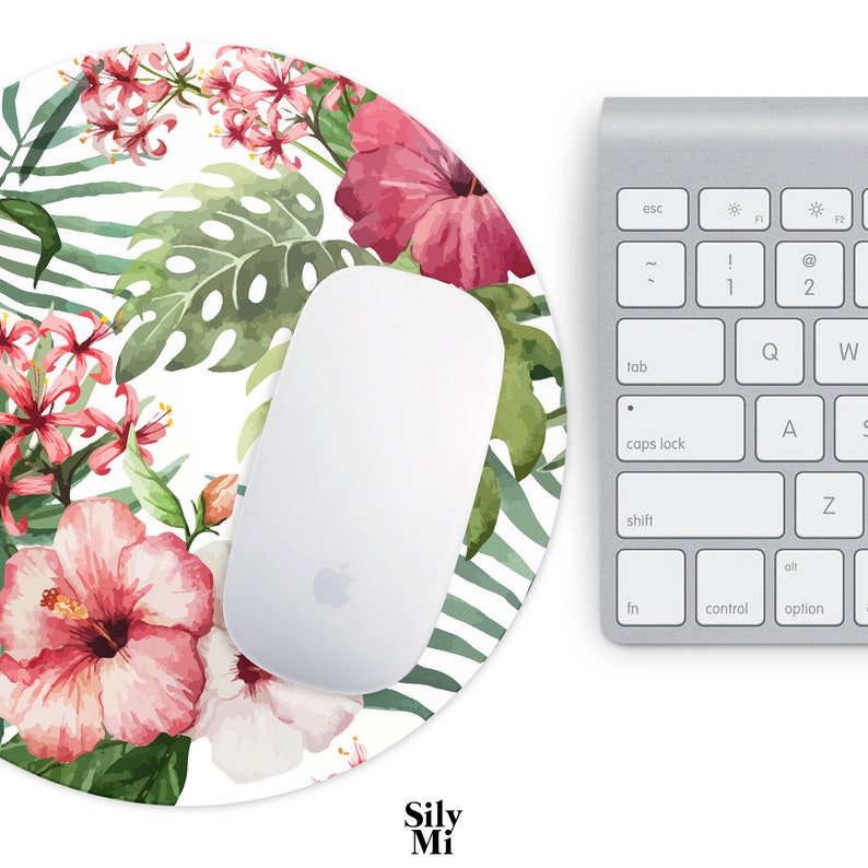 Mouse Pad Pink And Green Tropical Flowers Mousepads Desk Accessories Office Decor Circle Rectangle Floral Summer Ferns Palms Fabric Home Art