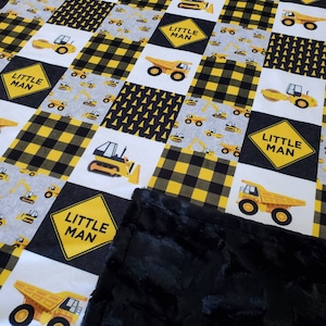 Little Man construcción Camiones / conos / precaución / autoencuadernado Minky / Throw Pillow Cover / Baby Blanket /Amarillo / Negro / Gris / Plaid