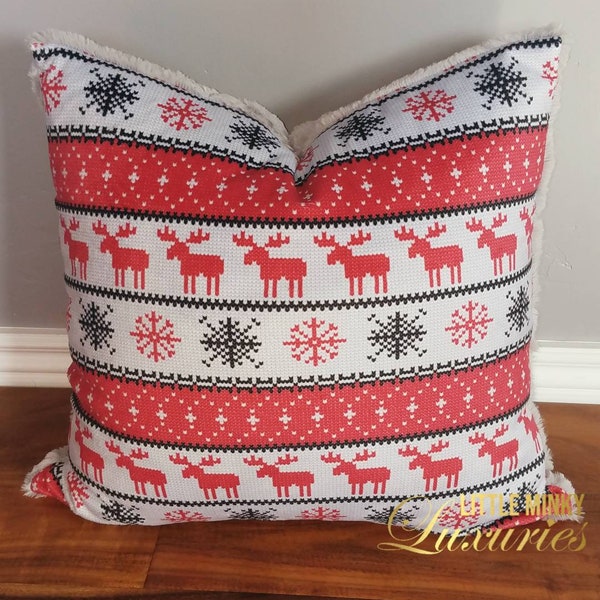 Throw Pillow Cover| Custom Minky | Ugly Sweater | Moose Deer | snowflake | knit look | Zipper |Christmas | Holiday  Winter |Red|white| black