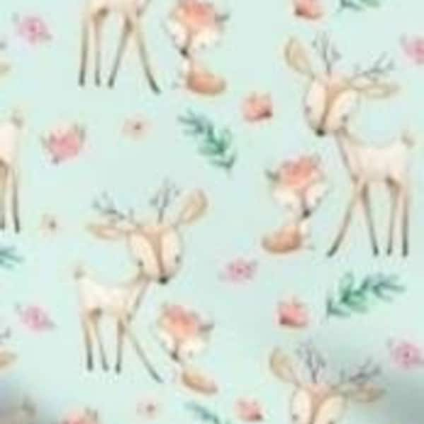 Minky Soft Mint Sweet Deer and Fox | Woodland creatures | Flowers | Floral | Baby Blanket | Child | Toddler |  Nursery | Boho | Chic | Crown