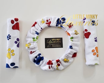 Paw Print Car Accessories Set - Steering Wheel Cover and Seatbelt Covers