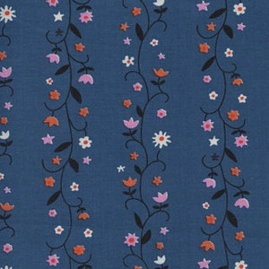 May include: A blue fabric with vertical floral stripes. The stripes feature black vines with orange, pink, and white flowers, along with small star-shaped accents. The pattern is a repeating design suitable for textiles.
