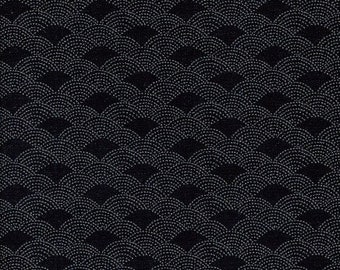 May include: A dark fabric with a repeating pattern of fan-like shapes. Each fan is outlined with small, light-colored dots, creating a textured appearance. The overall design is a monochromatic, dark color.